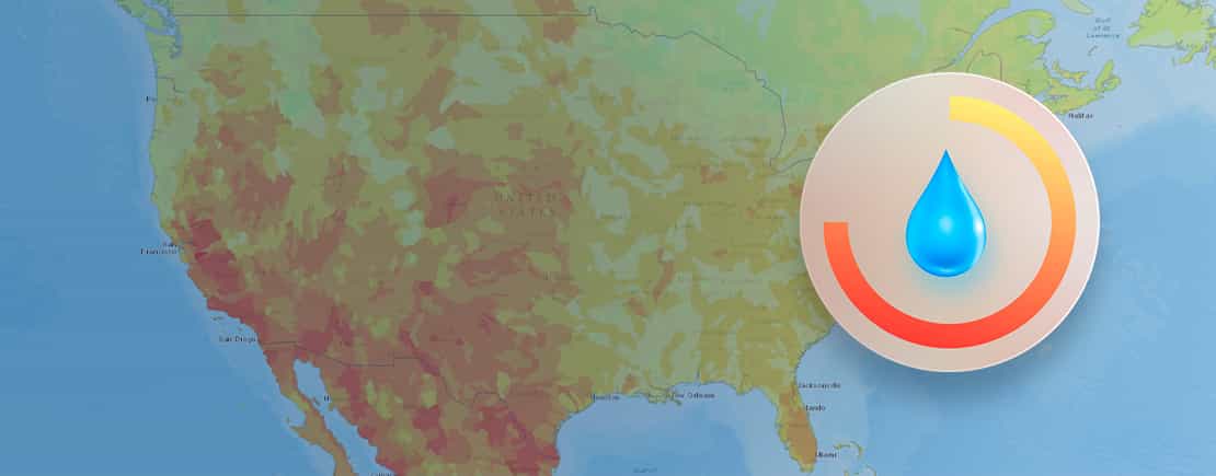 Water scarcity map of US with scarcity level graphic overlaid